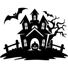 Illustration of silhouette a scary house. Mystical house with monsters and ghost for Halloween