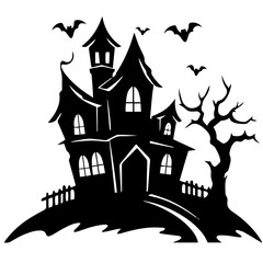 Illustration of silhouette a scary house. Mystical house with monsters and ghost for Halloween