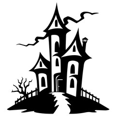 Illustration of silhouette a scary house. Mystical house with monsters and ghost for Halloween