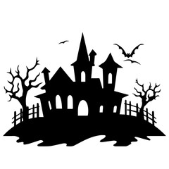 Illustration of silhouette a scary house. Mystical house with monsters and ghost for Halloween
