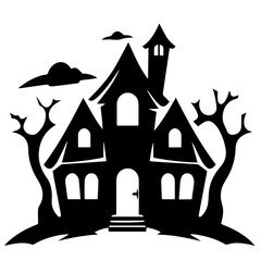 Illustration of silhouette a scary house. Mystical house with monsters and ghost for Halloween
