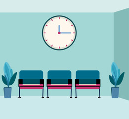 Waiting room vector illustration, Customer Waiting room with a wall clock and chairs , Waiting lobby flat style stock vector image