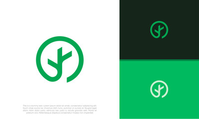 Abstract round garden plant natural line symbol. Green branch with leaves business sign.	