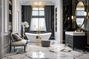 A luxurious house features a bright and sophisticated bathroom design.