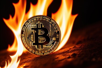 Bitcoin metal coin is burning with flame. Hot price or value and high exchange rate of crypto currency on market. It is crisis and fall to lose investments due to financial risk. Money falls on ground