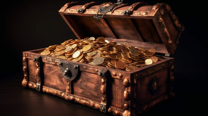 Vintage treasure chest full of gold coins