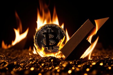 Bitcoin metal coin is burning with flame. Hot price or value and high exchange rate of crypto currency on market. It is crisis and fall to lose investments due to financial risk. Money falls on ground - obrazy, fototapety, plakaty