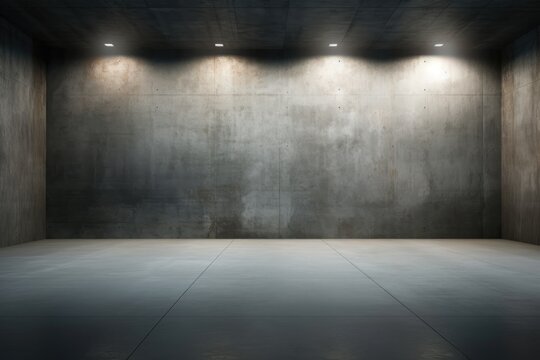 Abstract empty, modern concrete room with soft overhead lighting and a rugged cement floor. This industrial interior serves as a versatile background template, depicted in a .