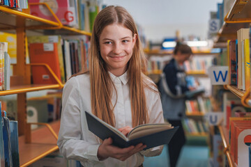 Cheerful, playful cute schoolgirl, going between bookshelves in the school library and choosing an...