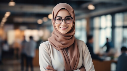 Fototapeta na wymiar Muslim business woman closeup in the office, generative ai