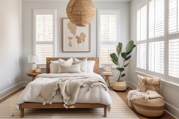 A roomy and welllit bedroom featuring a bed in a warm boho color scheme and white walls. The windows are adorned with wooden shutters, while straw chandeliers and a sizable decorative vase add charm - obrazy, fototapety, plakaty