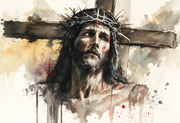 Watercolour painting of the Crucifixion of Jesus Christ on the crucifix cross before ascending to Heaven to be with God celebrated as Easter Good Friday, Generative AI stock illustration image