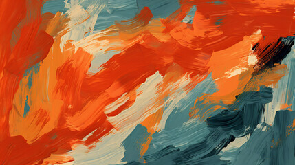 Bold brushstrokes in a fiery palette of orange and blue capture movement and passion for a striking visual impact.
