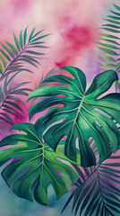 Jungle Elegance: Watercolor Tropical Leaves Pattern with Artistic Flair, Generative AI