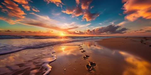 Poster plage de sable avec traces de pas au soleil couchant © Sébastien Jouve