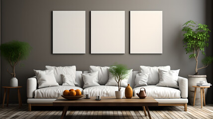 Photo of a cozy living room with empty canvas on wall, stylish furniture and natural light generative art