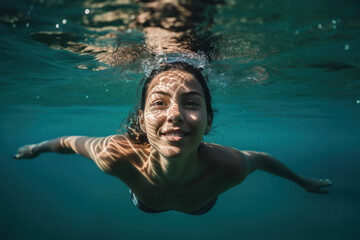 jeune femme en train de nager sous la surface de l'eau, souriante et heureuse - obrazy, fototapety, plakaty