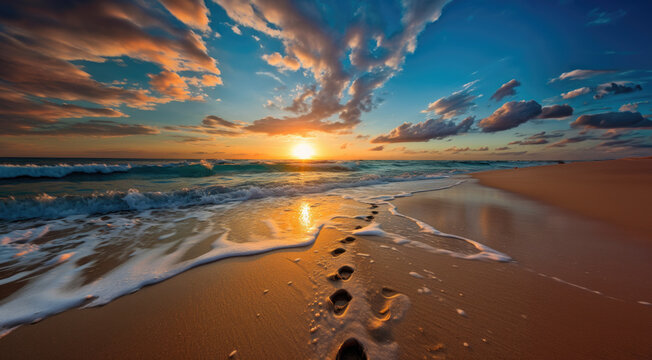 plage de sable avec traces de pas au soleil couchant