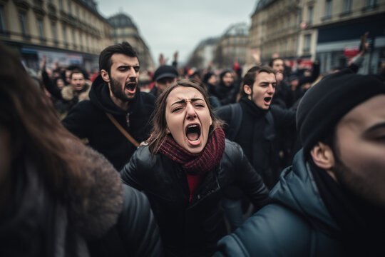 jeunes personnes en train crier des slogans et de manifester dans la rue 
