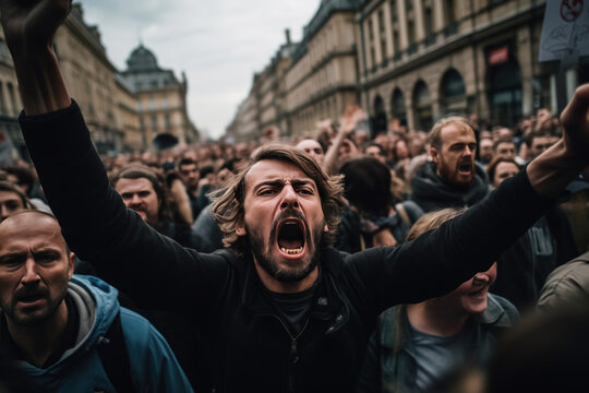 jeunes personnes en train crier des slogans et de manifester dans la rue 