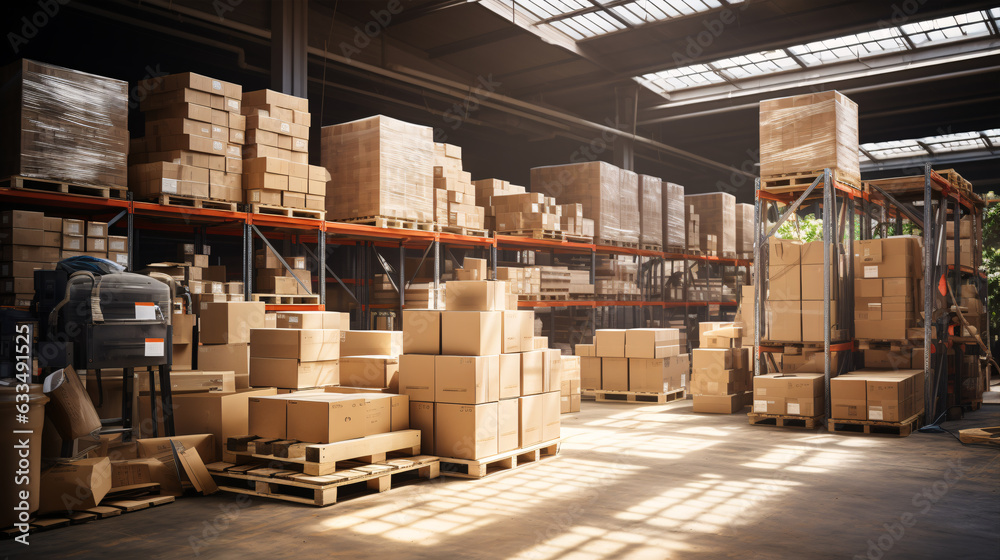 Wall mural warehouse interior with shelves, pallets and boxes. store warehouse concept.