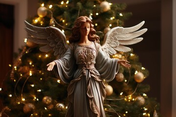 Christmas tree topper Christmas angel decoration element. sits atop the Christmas tree, illuminated by surrounding lights