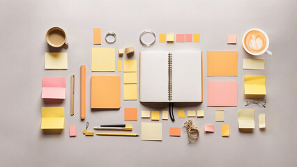Organized Workspace: Top View of Empty Notebook and Stationery on Neutral Background
