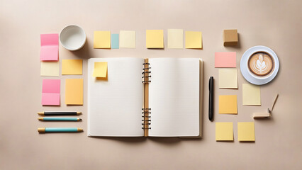 Organized Workspace: Top View of Empty Notebook and Stationery on Neutral Background