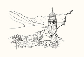 Bay of Kotor in southwestern Montenegro, simple vector illustration - obrazy, fototapety, plakaty
