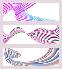 Wavy lines or ribbons. Set of 3 backgrounds. Multicolored striped gradient. Creative unusual background with abstract gradient wave lines to create a trendy banner, poster. vector eps