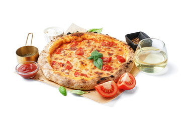 Baking paper with tasty pizza Margarita and basil on white background