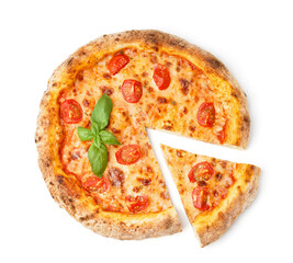 Tasty pizza Margarita with tomatoes and basil on white background