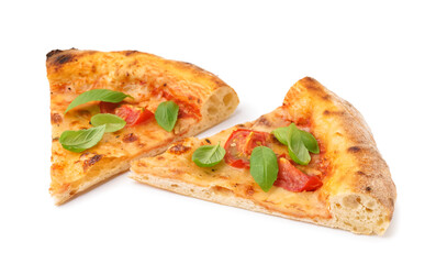 Pieces of tasty pizza Margarita with tomatoes and basil on white background