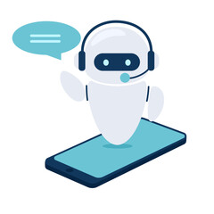 Fototapeta premium Digital chat bot, robot assistant for customer support. Concept of virtual conversation assistant for getting help. Vector illustration isolated on white background.