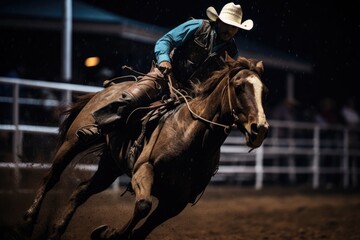 Cowboy on a horse in a rodeo at night .Generative AI