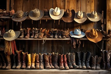 Wooden shelf with cowboy hats and boots .Generative AI - obrazy, fototapety, plakaty