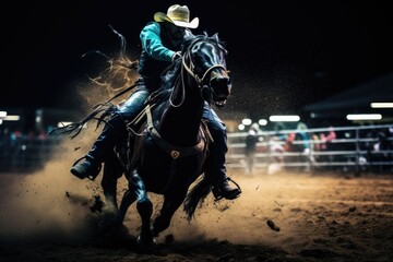 Cowboy on a horse in a rodeo at night .Generative AI