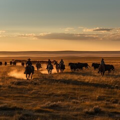 Cowboys on horseback herding cattle at sunset .Generative AI