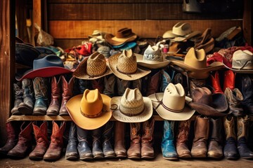 Wooden shelf with cowboy hats and boots .Generative AI
