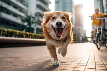 Happy smiling dog running on street.