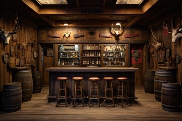 Rustic bar with a wooden interior and hunting trophies .Generative AI - obrazy, fototapety, plakaty