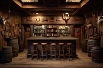 Foto op Plexiglas anti-reflex Rustic bar with a wooden interior and hunting trophies .Generative AI © gankevstock
