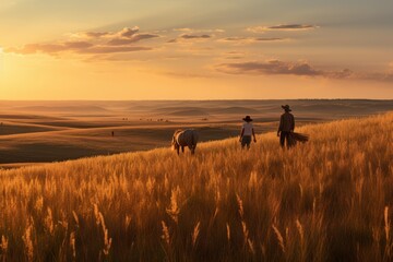Beautiful landscape with a golden sunset and a man, a child and a horse .Generative AI