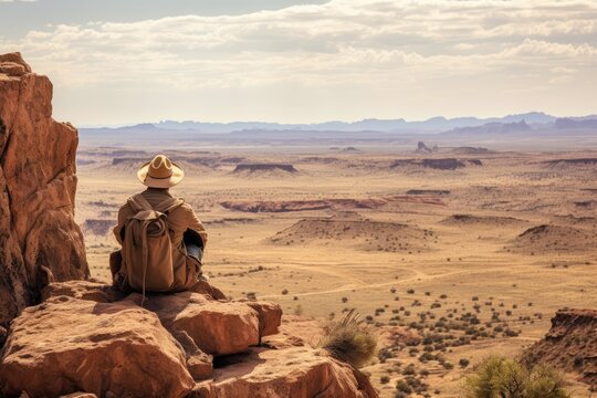 Person Sitting On A Rock Overlooking The Desert .Generative AI