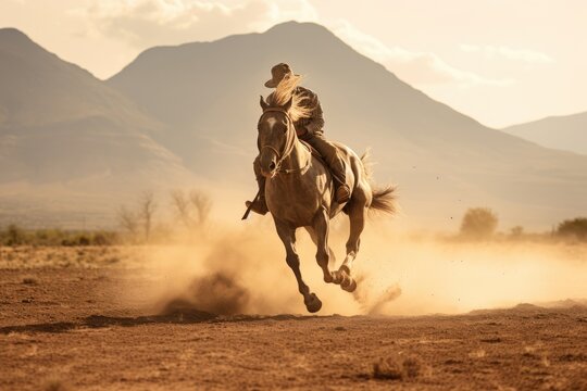 Cowboy on a horse galloping in the desert .Generative AI