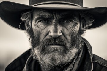 A bw portrait of a bearded man wearing a cowboy hat.  .Generative AI