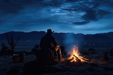 A cowboy sitting by a campfire at night in the mountains. Generative AI - obrazy, fototapety, plakaty