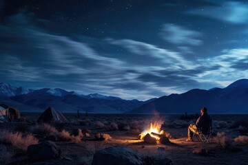 A cowboy sitting by a campfire at night in the mountains. Generative AI