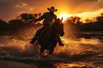A cowboy on a horse galloping through a river at sunset .Generative AI