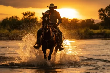 Foto op Plexiglas A cowboy on a horse galloping through a river at sunset .Generative AI © gankevstock